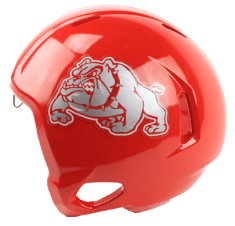 Red football helmet cover with silver bulldog
